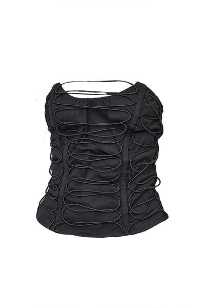 NO BRAND Top corset negru mulat, fără umeri, cu fermoar, Prettylittlething 32