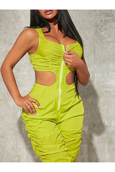 NO BRAND Salopetă lungă verde lime, decupată, încrețită, cu fermoar, Shein M