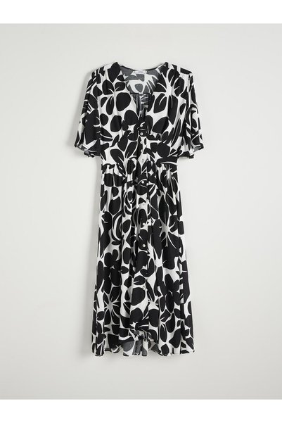 NO BRAND Rochie cămașă alb-negru, mâneci scurte, imprimeu floral, lungime mid...