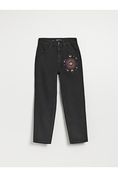 NO BRAND Pantaloni din denim negru, lungime 7/8, din bumbac brodat, stil Mom ...
