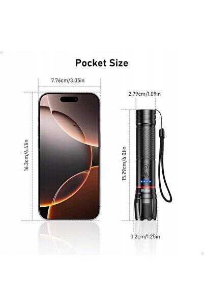 NO BRAND Lanternă LED cu zoom, reîncărcabilă USB-C, 10 moduri, 2 culori de lu...