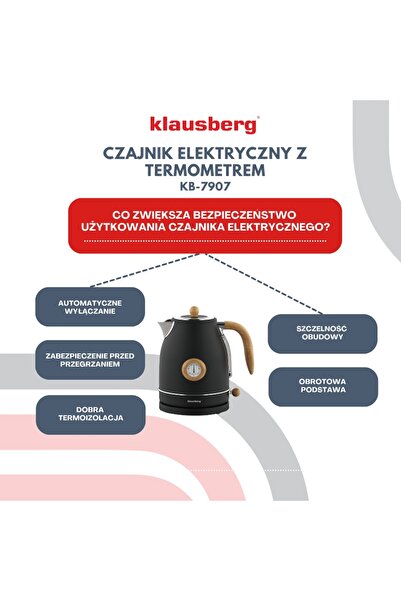 NO BRAND Klausberg Kb-7907 Fierbător electric 1.7L cu termometru Negru Retro ...