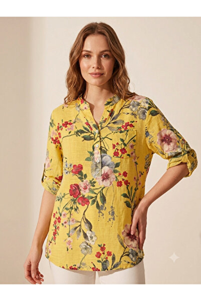 MADE İN ITALY Women's Italian 100% Linen Patterned Shirt Blouse - Three Quart...