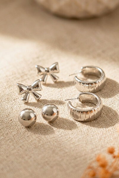 Elika Silver Bow, Hoop and Round Models Triple Earring Set