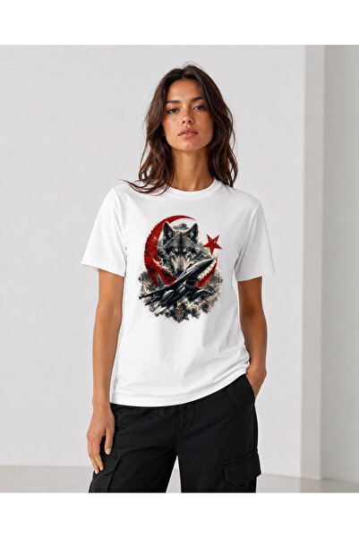 chaygoy Unisex Regular Fit Beyaz Sıfır Yaka Tişört, Ay Yıldız Gökbörü Savaş Uçağı, Bozkurt Ve Ay Yıldız Bask