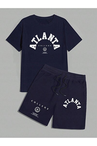NO BRAND Set complet: tricou clasic bleumarin și pantaloni scurți imprimați S...
