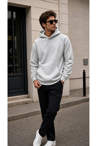 TREND EMMODA Men's Solid Color Hooded Sweatshirt with Kangaroo Pocket