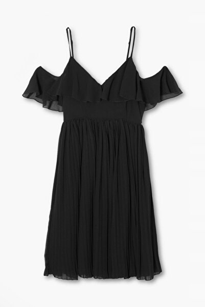 NO BRAND Rochie midi neagră din șifon plisat, cu umerii goi și volane, Boohoo 38