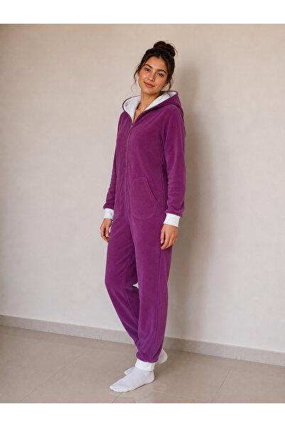 YHD Kışlık Mürdüm Kapüşonlu Polar Peluş Tulum, Pijama Takımı