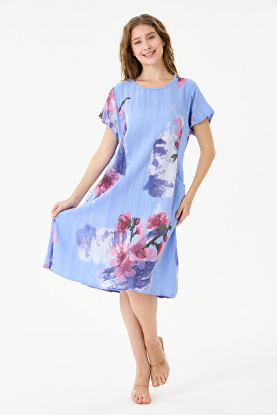 della moor Blue Italian Floral and Batik Patterned Dress with Double Side Poc...