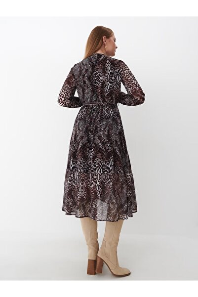 NO BRAND Rochie midi cu imprimeu panteră, guler tip crop top, talie cu șnur, ...
