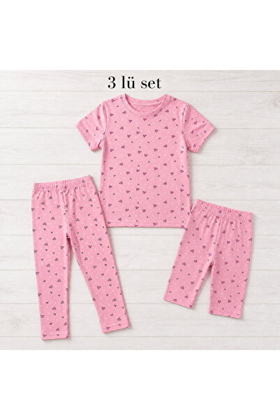 İncili Tekstil Girl's T-Shirt-Capri-Leggings Set of 3 Pink Heart Patterned