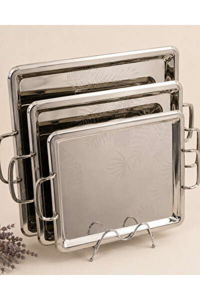 Alakhmas 3-Piece Rectangular Serving Tray Set in Shiny Silver Color and Palm ...