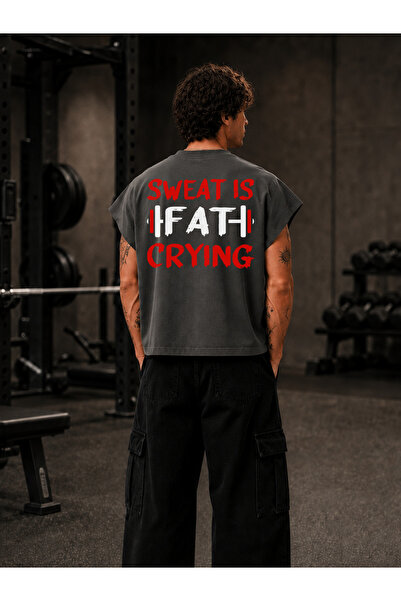 EVIus تي شيرت GYM Sporcu Sweat is Fat Crying مطبوع بمقاس كبير وبدون أكمام ويا...