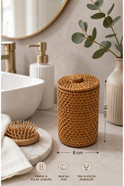 ipekbambuhome El Örgüsü Doğal Rattan Kapaklı Banyo Düzenleyici Kutusu 8x14 cm