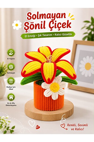 HAYHAYPETSHOP El Yapımı Solmayan Şönil Çiçek Saksısı | Dekoratif Kırmızı Beya...