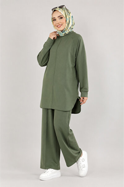 ZELASU Modal Fabric Ribbed Stitched Hijab Double Set Khaki Tunic and Pants Set