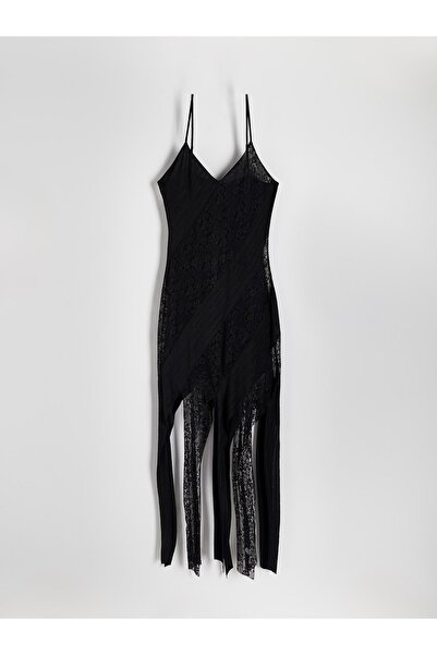 NO BRAND Rochie maxi asimetrică neagră cu bretele și dantelă, mărimea M.