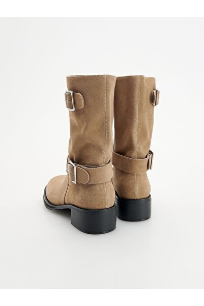 NO BRAND Botine din piele întoarsă bej, cu închidere cu cataramă din piele na...