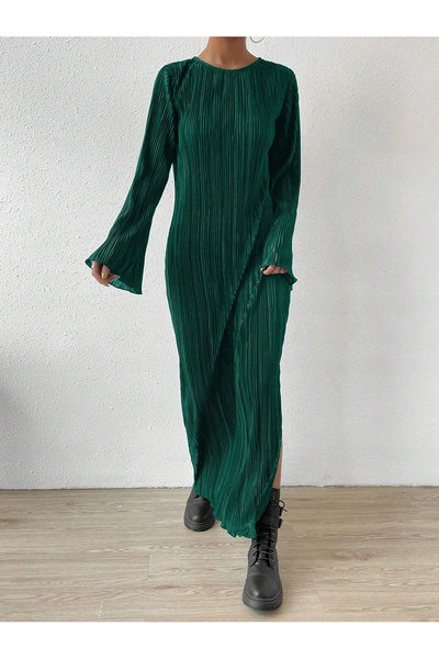 NO BRAND Rochie maxi verde în dungi, cu mânecă lungă și guler rotund, Shein 4...