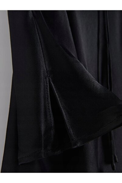NO BRAND Rochie neagră din satin neted cu mâneci lungi evazate, mărimea XS