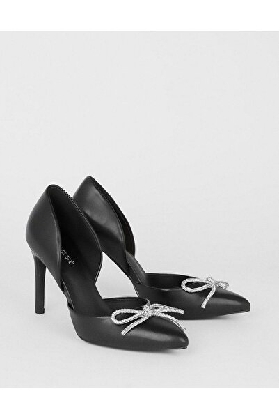 NO BRAND Pantofi negri din piele ecologică, cu fundă, vârf ascuțit, Coast 37