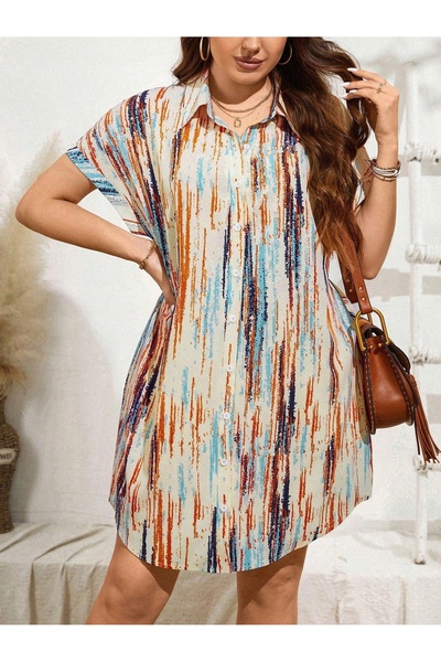 NO BRAND Rochie tip cămașă, croială dreaptă, cu imprimeu, colorată, mâneci sc...