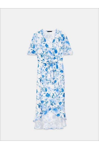 NO BRAND Rochie albă asimetrică cu flori albastre, mâneci scurte, cu șnur, 42