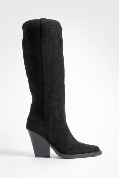 NO BRAND Cizme negre cu toc Ekozamsz, stil cowboy, peste genunchi, Boohoo 40