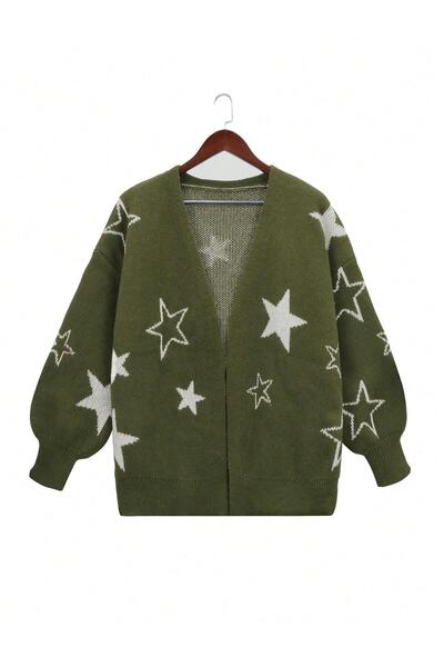 NO BRAND Pulover tricotat verde, clasic, simplu, cu model stea, alb, Shein 46