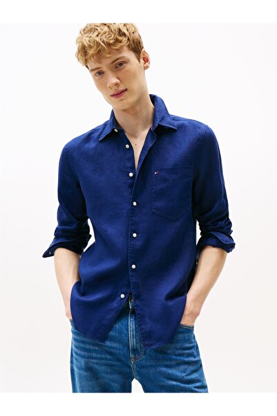 Tommy Hilfiger PIECE DYE LINEN RF SHIRT Erkek Mavi Gömlek - MW0MW39425
