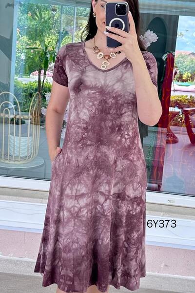 İnce Topuk V-Neck Batik Viscose Fabric Dress 6Y373