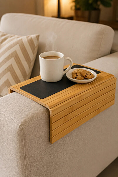 Tutku Home Koltuk Kenarı Katlanabilir Bambu Yan Sehpa (40x32 Cm)