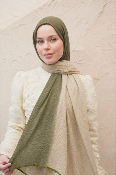 YILDIZ SCARFS Khaki - Cream Muslin Gradient Piping Shawl