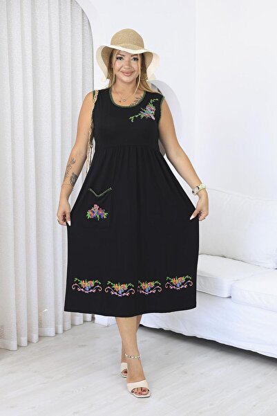 Siyezen Plus Size Embroidered Cotton Lycra Dress