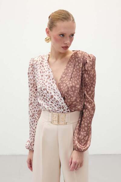 Sateen Kruvaze Desenli Bodysuit