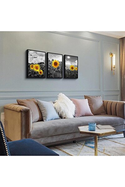HOME MODE Sunflower Field Black White Black Framed Canvas Wall Art 3 Panels |...