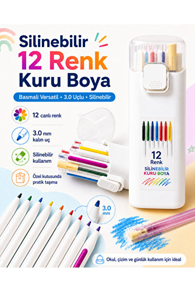 kruxon Silinebilir 12 Renk Kuru Boya Kalemi Basmalı Versatil 3.0 mm Uçlu Özel...