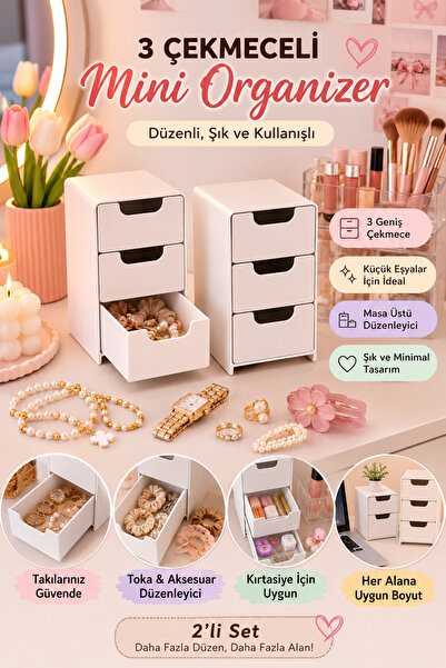 Genel Markalar 2'li Mini Masaüstü Organizer 3 Çekmeceli Makyaj ve Takı Düzenl...