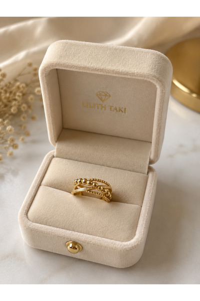 Lilith Takı Gold Color Multi-Row Bead Detailed Adjustable Women's Ring |   El...