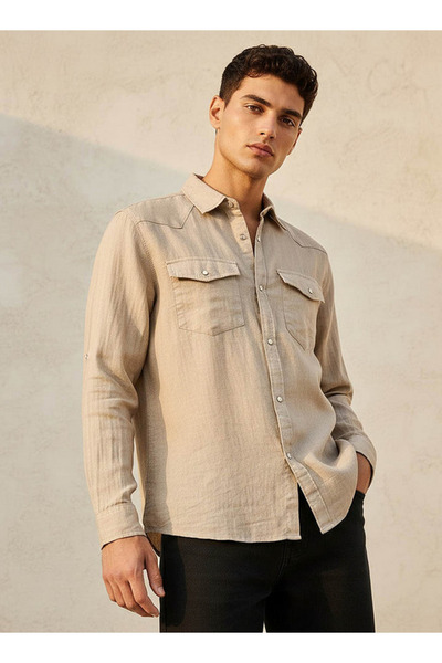 Lee Cooper Men Regular Fit Collared Long Sleeves Linen Shirt