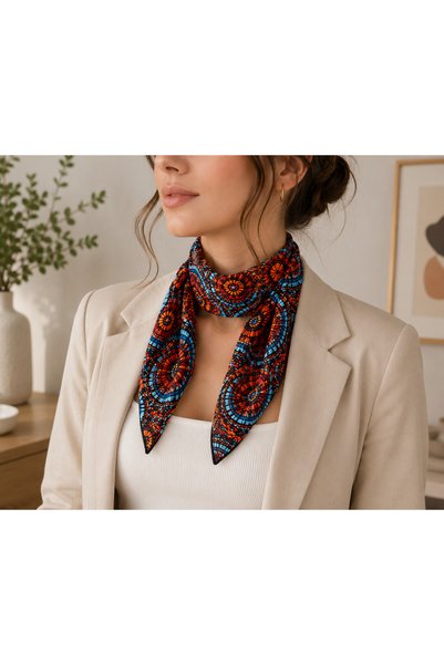 Bymiel Women's Geometric Patterned Pleated Scarf – Orange Blue Patterned Neck...