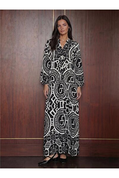 WeShaya Black and White Patterned Viscose Long Sleeve Authentic Patterned Hij...