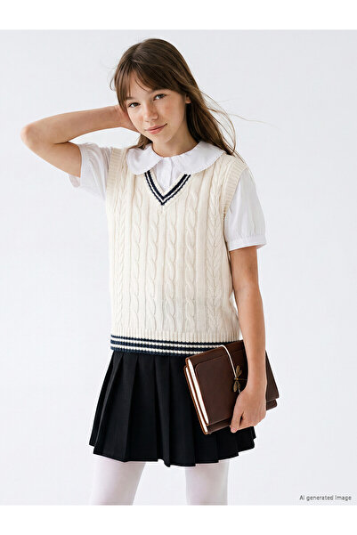 LC Waikiki Nevavm Farkıyla Lcw Kids Ecru V-Neck Girls' Knitwear Sweater