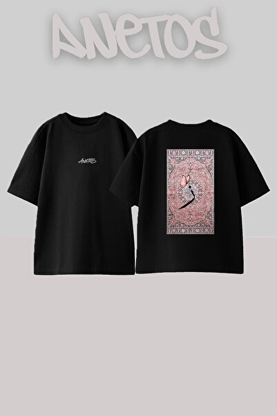 Anetos Pers Hali Zayn Design Back Printed Cotton Black Oversize T-Shirt