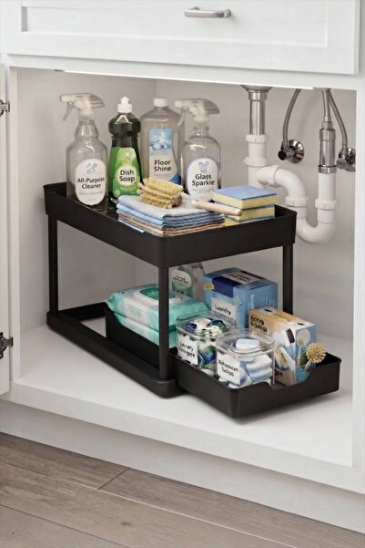 Bayev Coin Black 2-Tier Shelf Sliding Cabinet Kitchen Bathroom Cabinet under ...