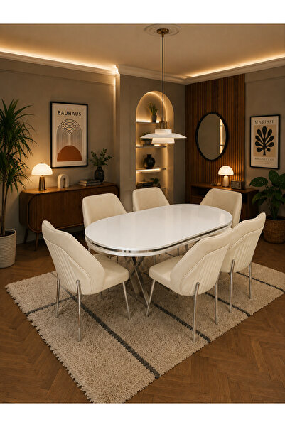 Concept Ayz Home Tokyo Krom Serisi Krem-Krem Kumaş 6 Kişilik 90×168 Oval Beya...