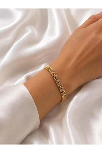 Kadın Gold Renk Paslanmaz Çelik Örgü Zincir Bileklik - Minimal Şık Tasarım