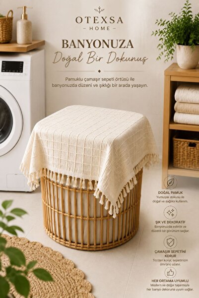 OTEXSA Cotton Laundry Basket Cover Square Textured Decorative Basket Cover wi...