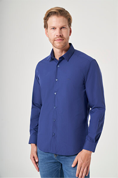 İmza Navy Blue Hard Collar Long Sleeve Pocketless Slim Fit Cotton Shirt 10042...
